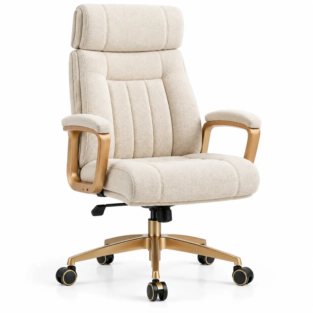 Silla de oficina con ruedas con respaldo alto, beige y marrón