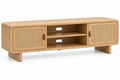Mueble bajo para televisión con detalles de entramado y estantes, marrón