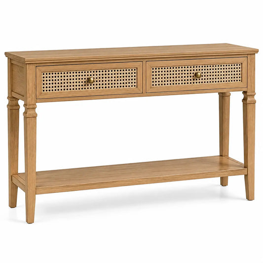 Consola de recibidor con detalles de entramado y estantes, marrón