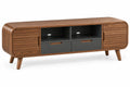 Mueble bajo para televisión con detalles de líneas verticales y estantes, marrón y negro