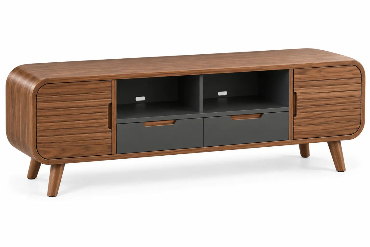 Mueble bajo para televisión con detalles de líneas verticales y estantes, marrón y negro