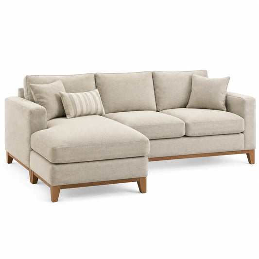 Sofá esquinero tapizado con patas elevadas, beige y marrón