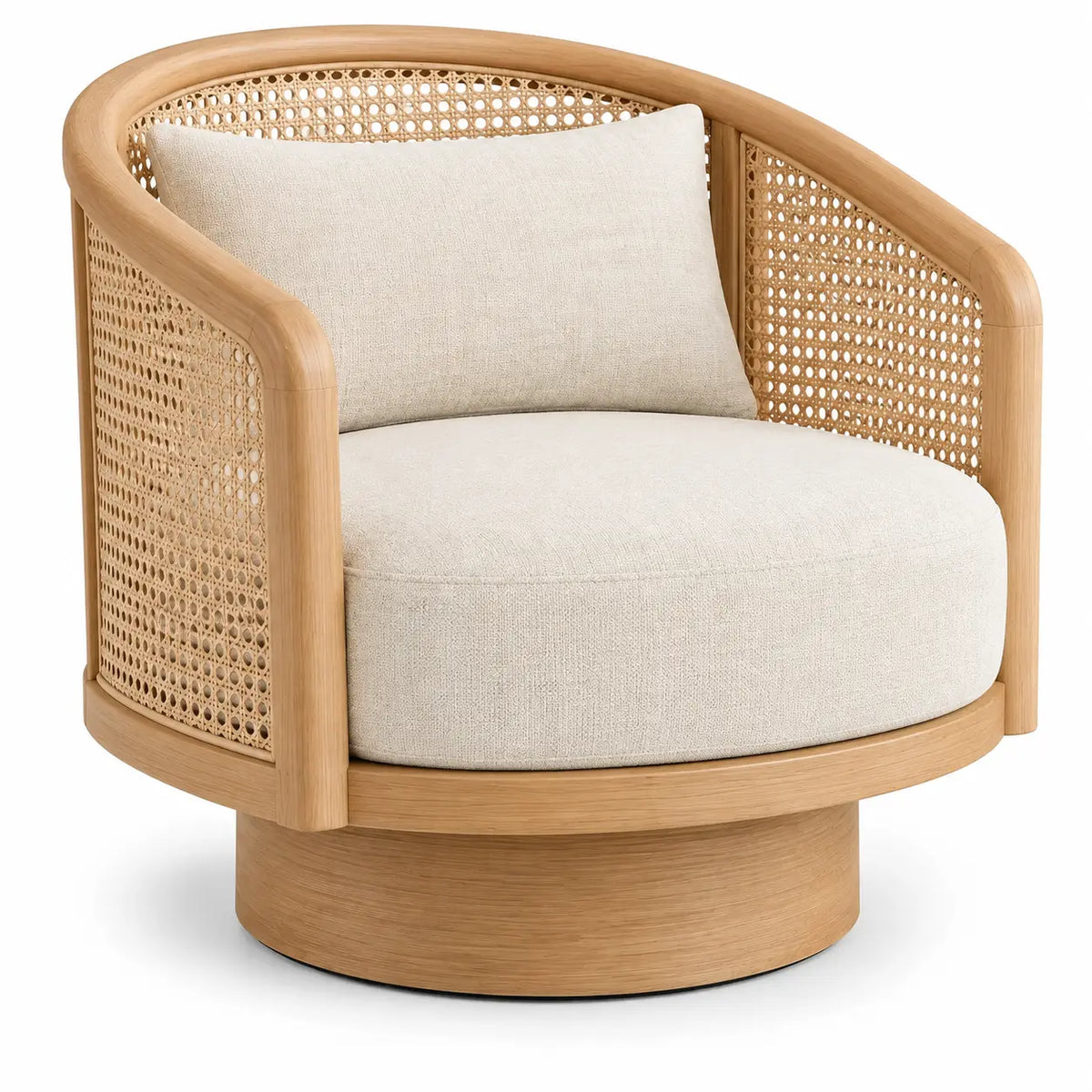 Sillón tapizado de líneas curvas con detalles de entramado, beige y marrón