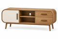 Mueble bajo para televisión con detalles de líneas verticales y estantes, marrón y blanco