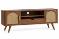Mueble bajo para televisión con detalles de entramado y estantes, marrón