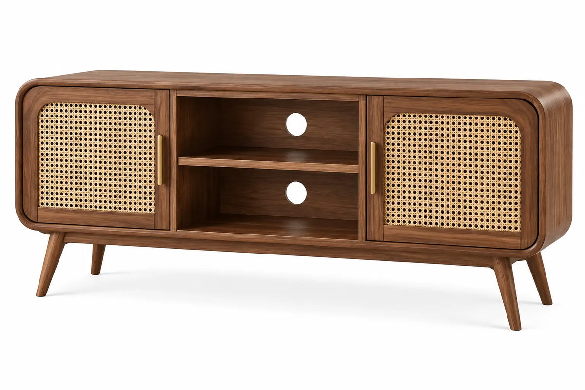 Mueble bajo para televisión con detalles de entramado y estantes, marrón