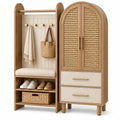 Mueble de recibidor con detalles de entramado y estantes, marrón y blanco
